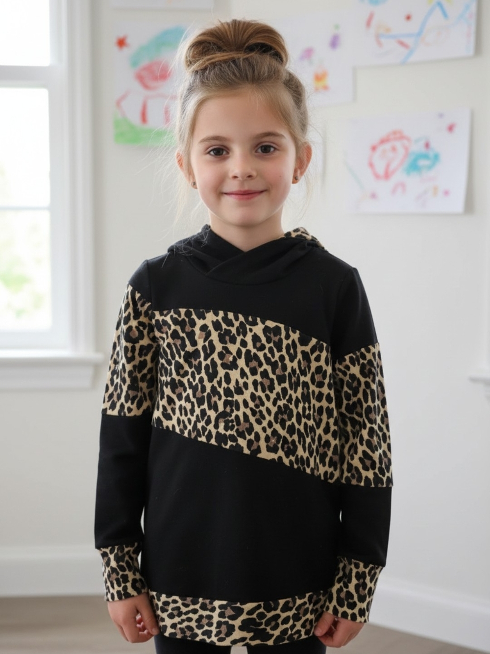 Girls Black Leopard Print Hooded Sweatshirt